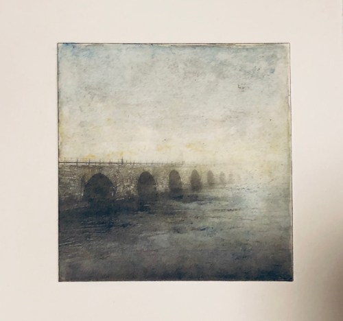 Stenbron i timmar - Fotogravyr med fotopolymer + akvarell